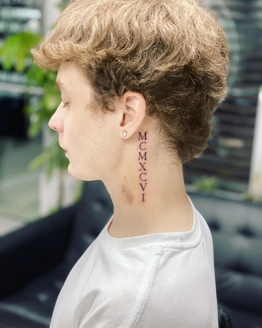 Small Roman Numerals on Women Neck Tattoo by @makoy_ink