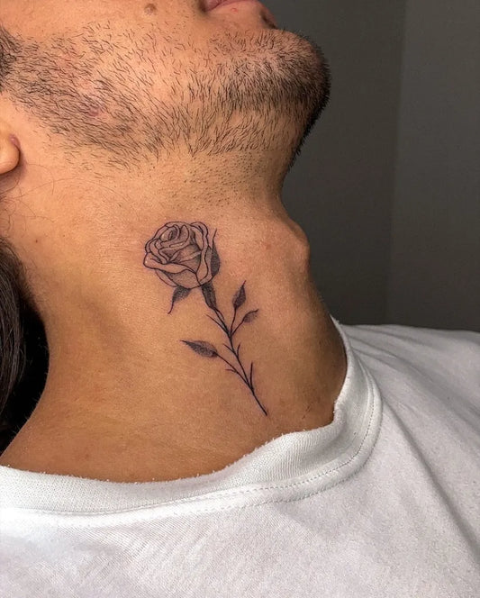 Small Rose and Leaves on Men Neck Tattoo by @jojotatua
