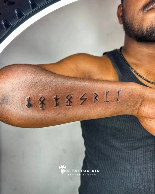 Small Runic Script Symbols on Men Forearm Tattoo by @the_tattoo_kid