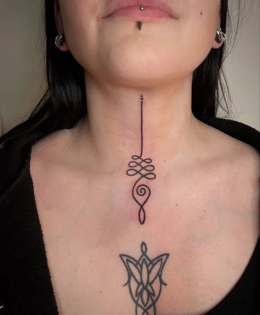 Small Sacred Geometry Unalome Lotus on Women Throat Tattoo by @chxrlieseye.ttt