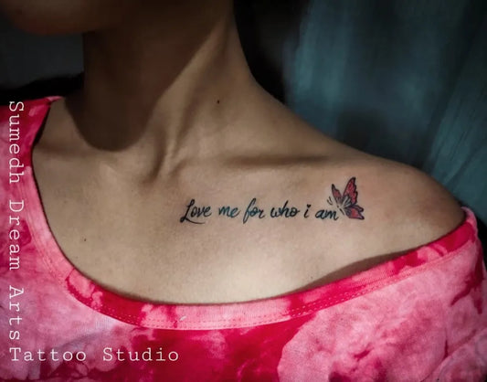 Small Script Butterfly Tattoo on Women Collarbone by @sumedh_dream_arts