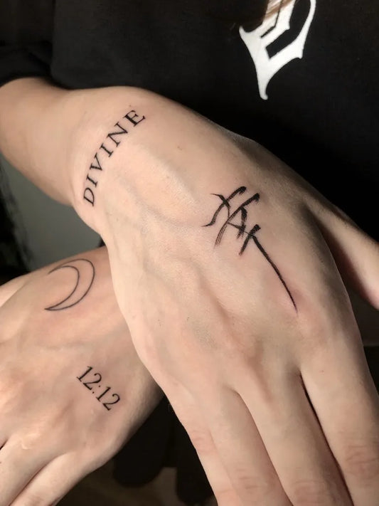 Small Script Calligraphy Moon Numbers on Women Hand Tattoo by @ritaruse_