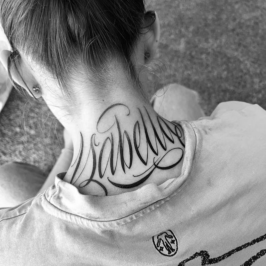 Small Script Isabella on Women Neck Tattoo by @wingsofink