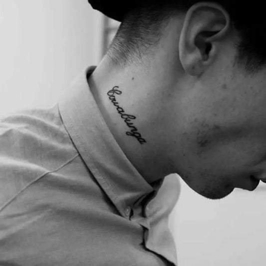 Small Script Kawakawabunga on Men Neck Tattoo by @ashutoshtattooz