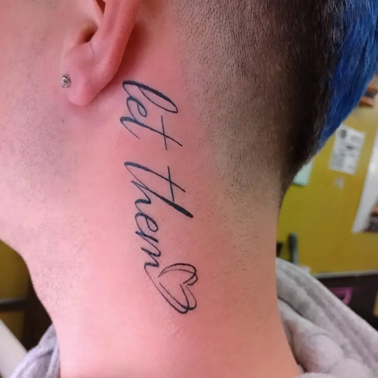 Small Script Let Them Heart on Women Neck Tattoo by @fatboiadame.ink