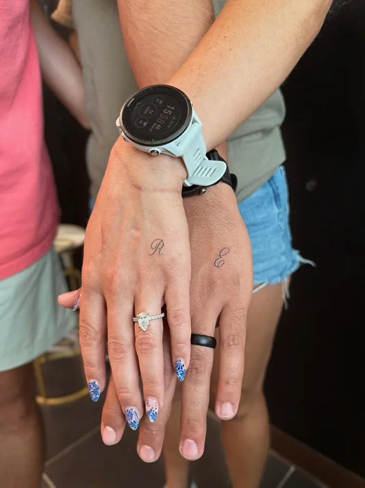 Small Script Matching Letters on Women Wrist Tattoo by @inkme.babyy