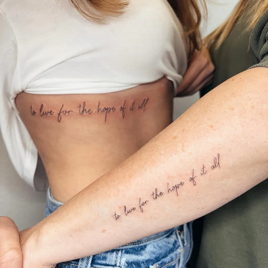 Small Script Quote on Women Arm Torso Matching Tattoo by @inkedbyri.kc
