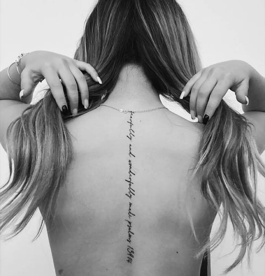 Small Script Quote on Women Spine Tattoo by @steakndchicks