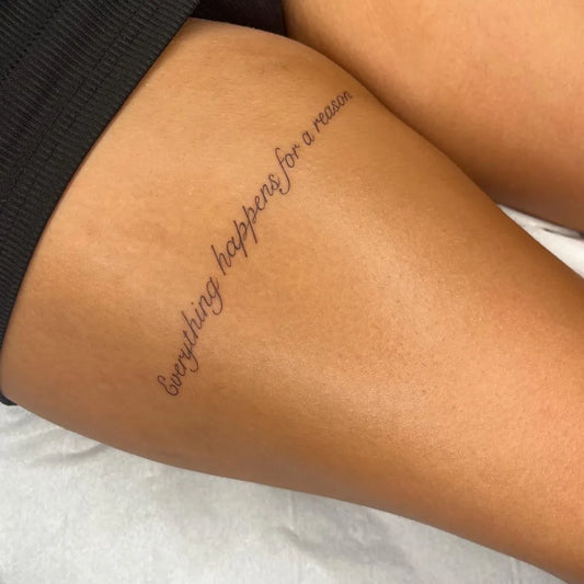 Small Script Text on Women Thigh Tattoo by @tattoowithvictoria