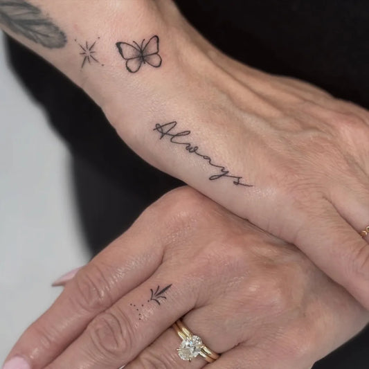 Small Script and Symbolic Butterfly Star Always Script on Women Wrist Tattoo by @madelynnjenntattoos
