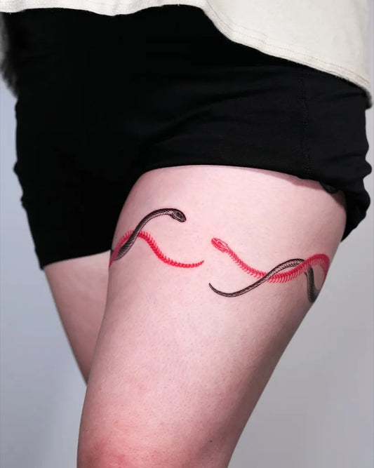 Small Snake Wrap on Women Thigh Tattoo by @tattooer_intat