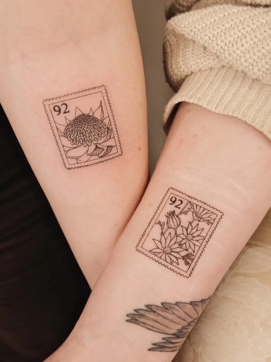Small Stamp Australian Postage Stamps on Couple Arms Matching Tattoo by @lu.cy.ttt