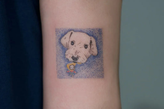 Small Stick and Poke Dalmatian Puppy with Collar Tattoo on Women Arm by @mogu.pokeu