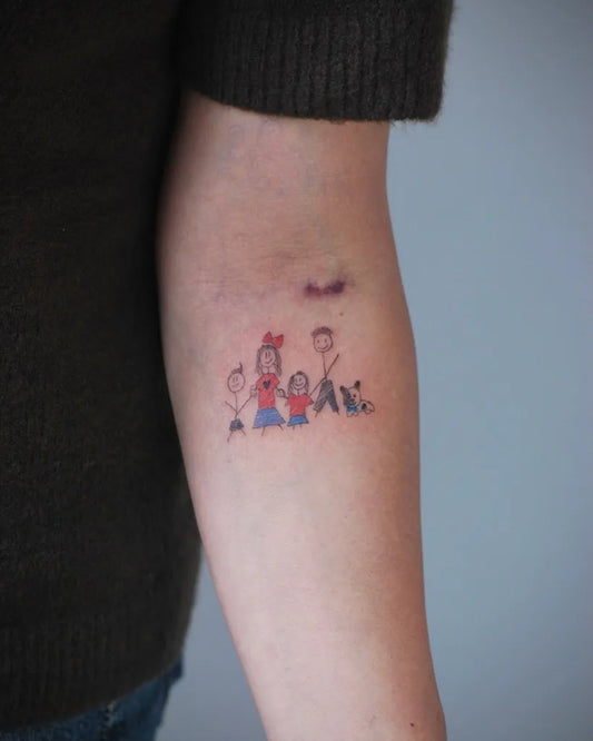 Small Stick and Poke Family Portrait Tattoo on Women Arm by @ecemseper
