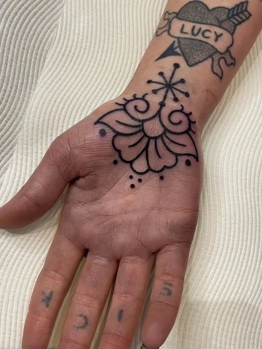 Small Stick and Poke Heart Banner and Mandala Tattoo on Women Hand by @amy_jones_tattoo