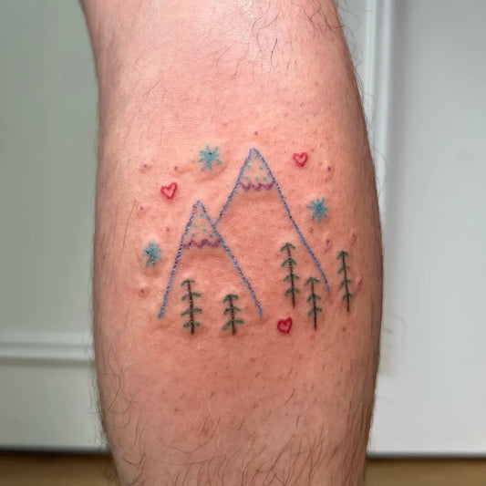 Small Stick and Poke Mountains and Trees Tattoo on Men Leg by @babbygail_doodles