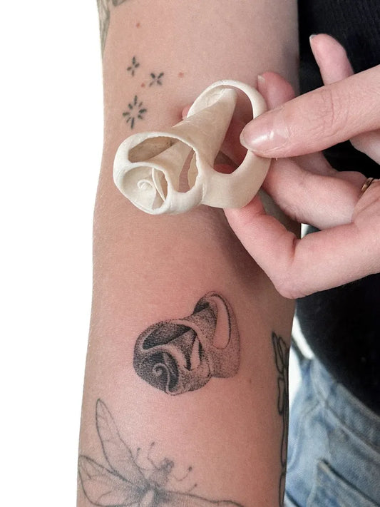 Small Stick and Poke Shell Tattoo on Women Arm by @pineneedle.pokes