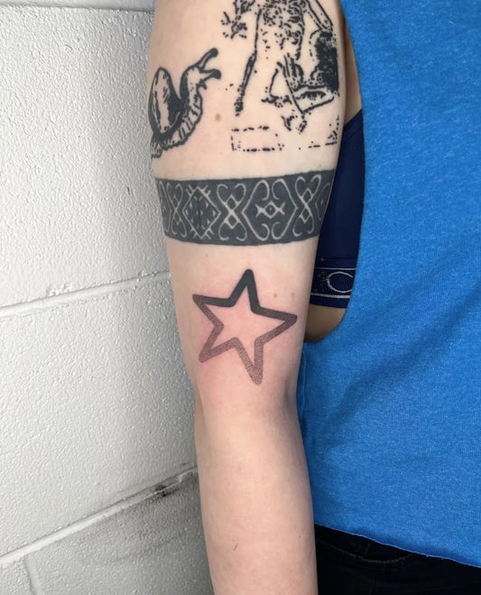 Small Stick and Poke Viking Ship Snail and Band Tattoo on Women Arm by @_dirtfarm
