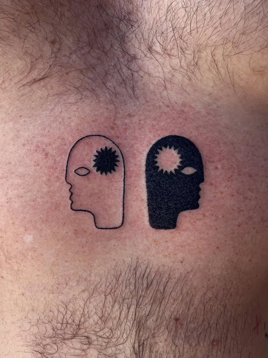 Small Stick and Poke Yin Yang Heads Tattoo on Men Neck by @lily_gloria_tattoo