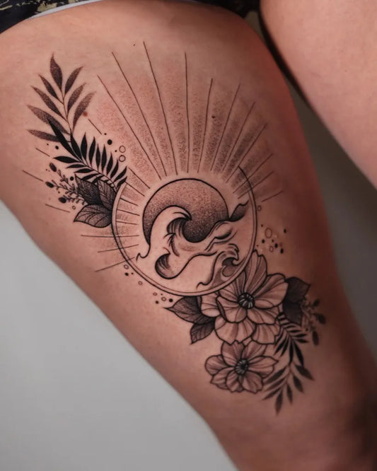 Small Sun and Wave on Women Thigh Tattoo by @cyprztatts