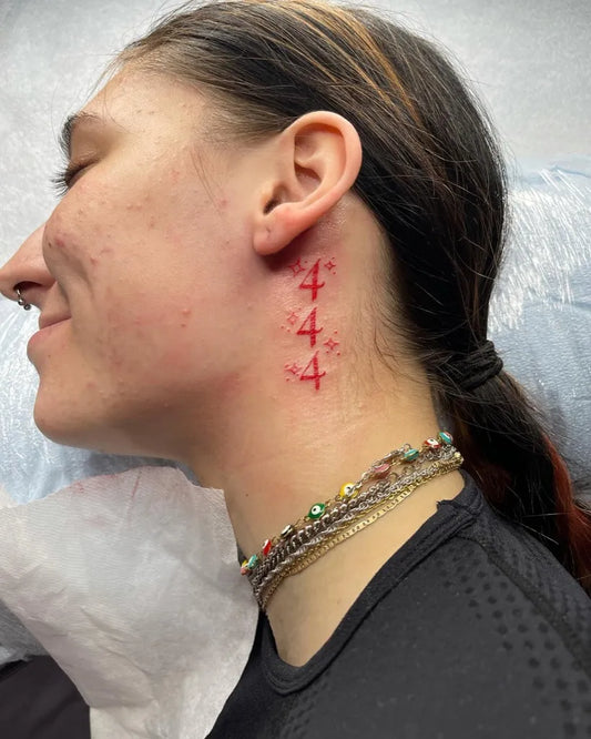 Small Traditional 444 Numbers on Women Neck Tattoo by @02_tattoo