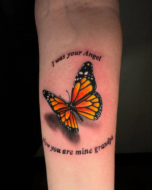 Small Traditional Butterfly Memorial on Women Arm Tattoo by @artbymario