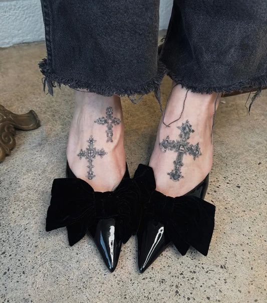 Small Traditional Cross on Women Feet Tattoo by @nicolejaclynsmith
