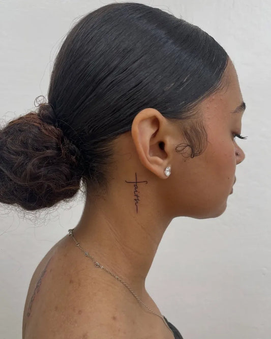 Small Traditional Cross on Women Neck Tattoo by @inkbeautytherapy