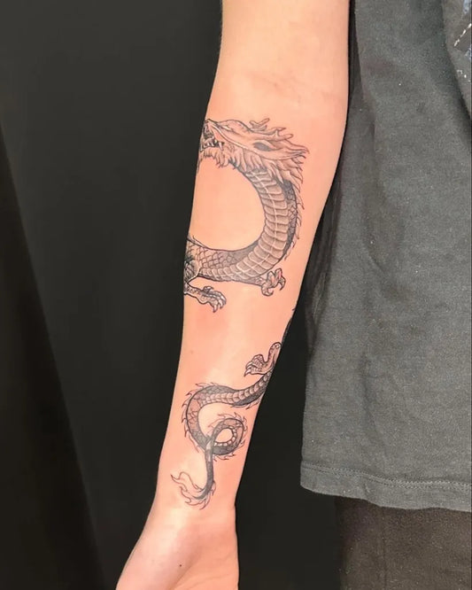 Small Traditional Dragon on Men Forearm Tattoo by @orphicartcollective_tattoo