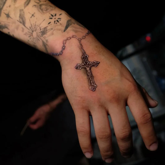 Small Traditional Rosary Cross on Men Hand Tattoo by @jo_ink__