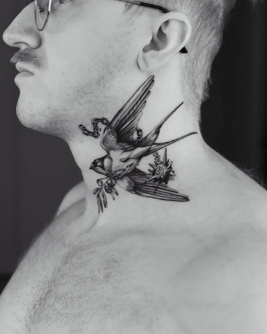 Small Traditional Swallow Bird on Men Neck Tattoo by @tattooer_eliya
