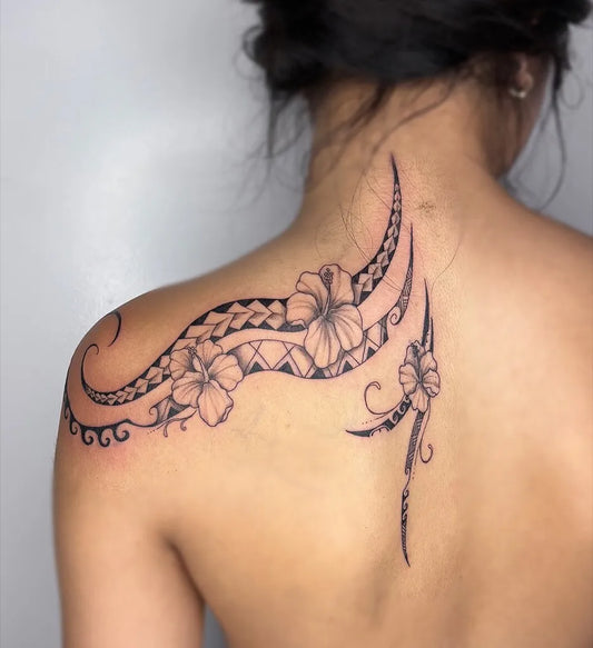 Small Tribal Hibiscus Flowers and Waves on Women Shoulder Tattoo by @nineedles