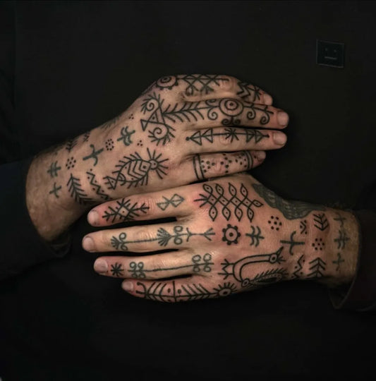 Small Tribal Symbols Runes and Geometric Patterns on Men Hands Tattoo by @fakeskintattoo