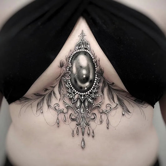 Small Victorian Ornate Mirror on Women Sternum Tattoo by @haley_wasdal_tattoos