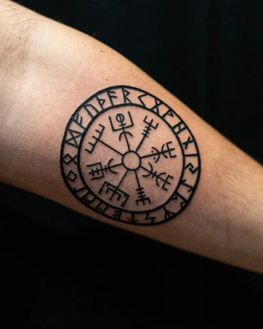 Small Viking Vegvisir Rune Circle on Men Arm Tattoo by @funky_tattoo_bucuresti
