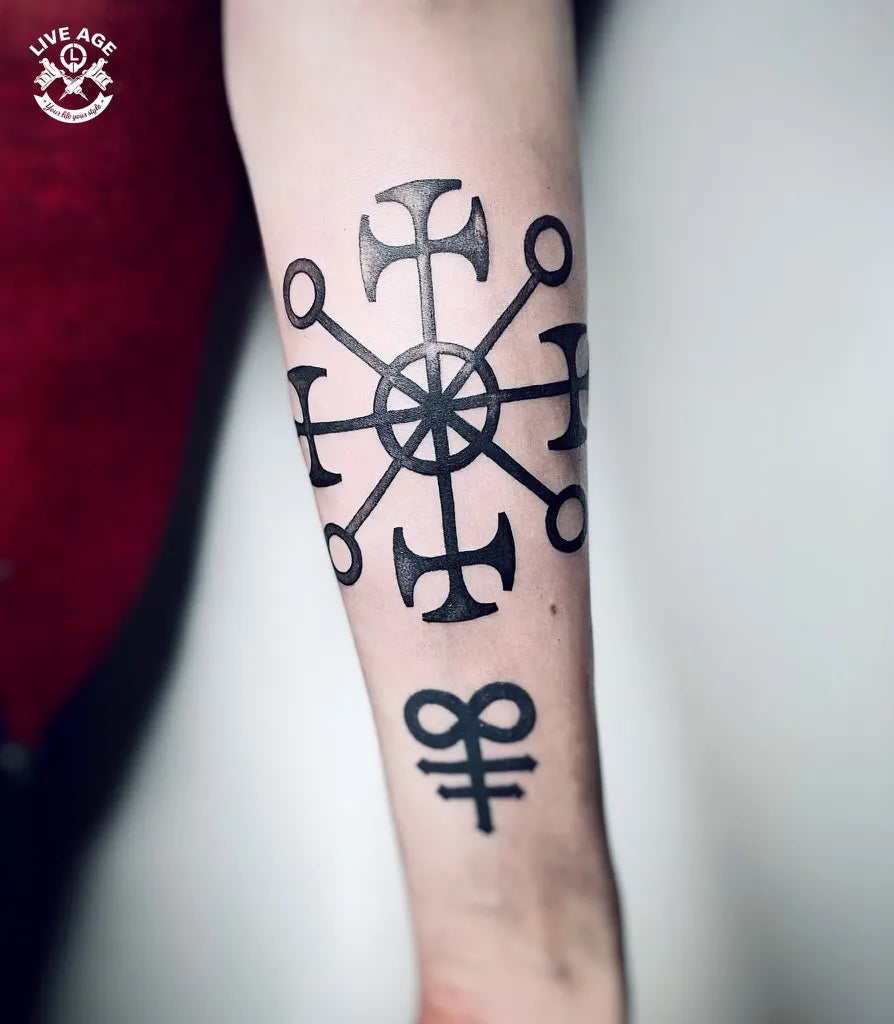 Small Viking Vegvisir and Alchemical Symbols on Women Arm Tattoo by @liveage_nm