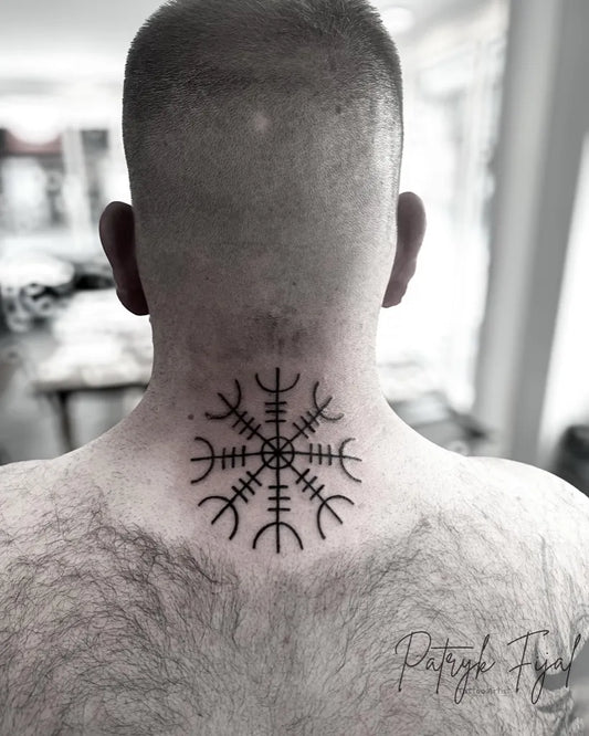 Small Viking Vegvisir on Men Neck Tattoo by @patryktatt