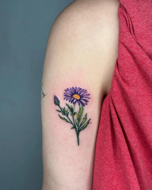 Small Watercolor Aster with Stem on Women Shoulder Flower Tattoo by @artinktattoostudionyc