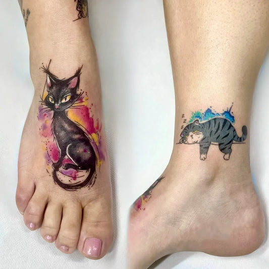 Small Watercolor Black Cat and Striped Cat on Women Feet Tattoo by @stifftattoo