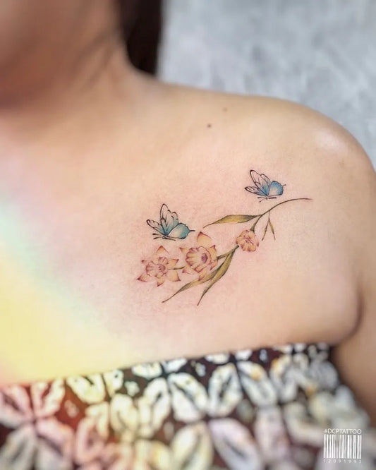 Small Watercolor Butterflies and Orchids on Women Shoulder Tattoo by @yana.dcp