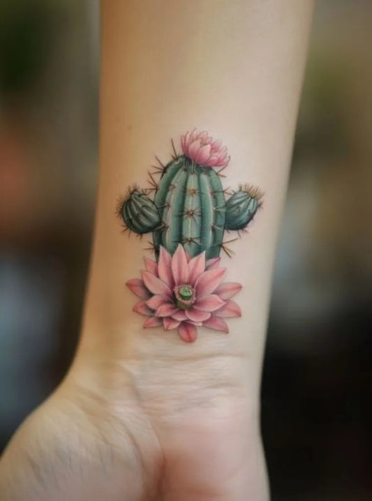 Small Watercolor Cactus and Lotus Tattoo on Women Wrist by @txlegendstattoo