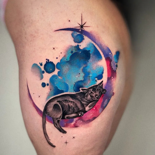 Small Watercolor Cat Moon on Women Thigh Tattoo by @bobinczi