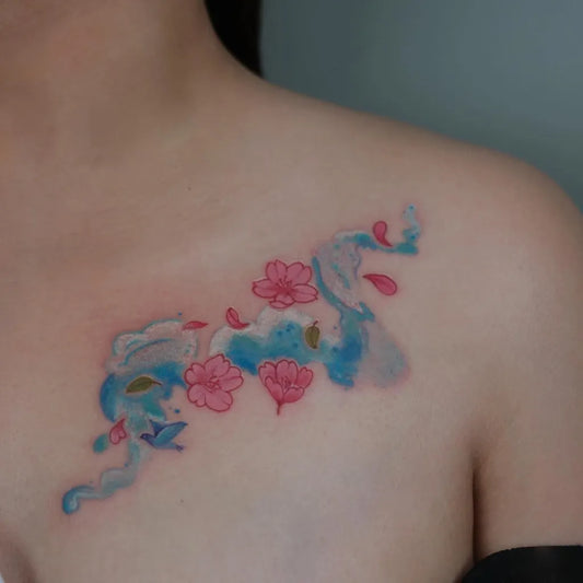 Small Watercolor Cherry Blossom and Koi Fish on Women Shoulder Tattoo by @ironbbcypher