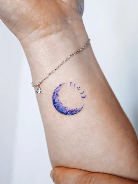 Small Watercolor Crescent Moon Phases on Women Wrist Tattoo by @tattooist_namoo