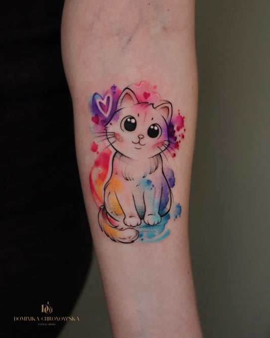 Small Watercolor Cute Cat with Hearts on Women Arm Tattoo by @dominikachronowskatattoo