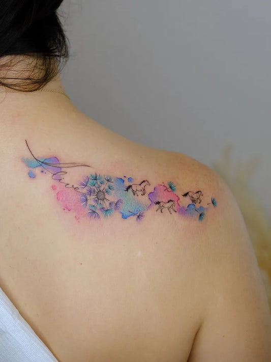Small Watercolor Dandelion Flowers Tattoo on Women Shoulder by @sw.tattooing