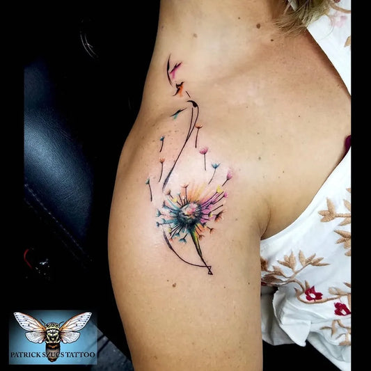 Small Watercolor Dandelion Tattoo on Women Shoulder by @pjszucstattoo