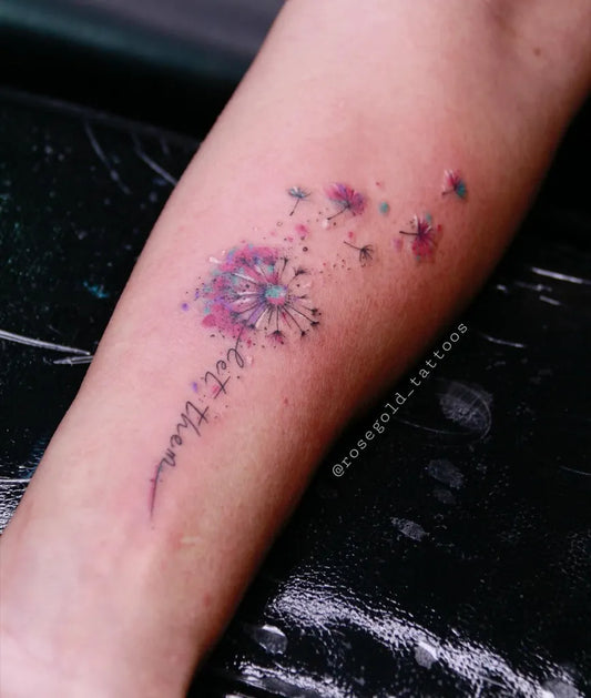 Small Watercolor Dandelion and Script Tattoo on Women Arm by @rosegold_tattoos