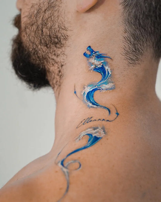 Small Watercolor Dragon on Men Neck Tattoo by @ornot_tattoo