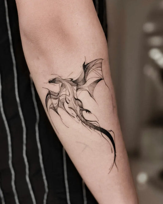 Small Watercolor Dragon on Women Arm Tattoo by @kimiatatts